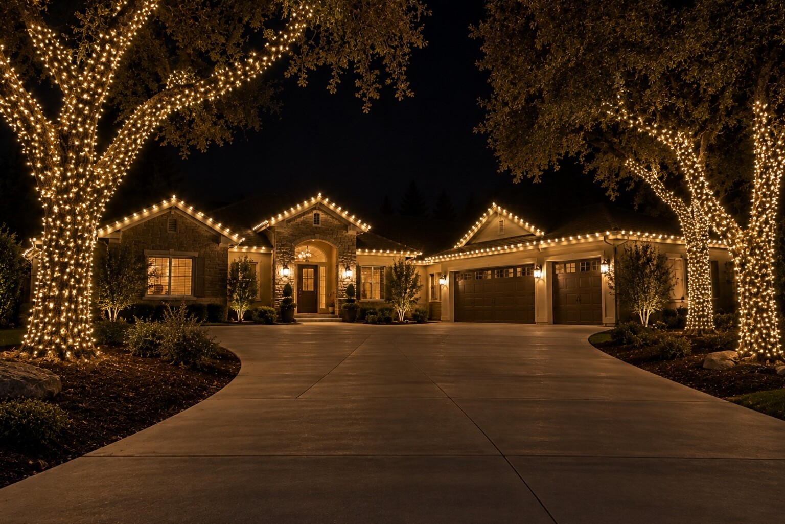 Christmas light company in Cameron Park, CA: custom three car warm white oaks driveway