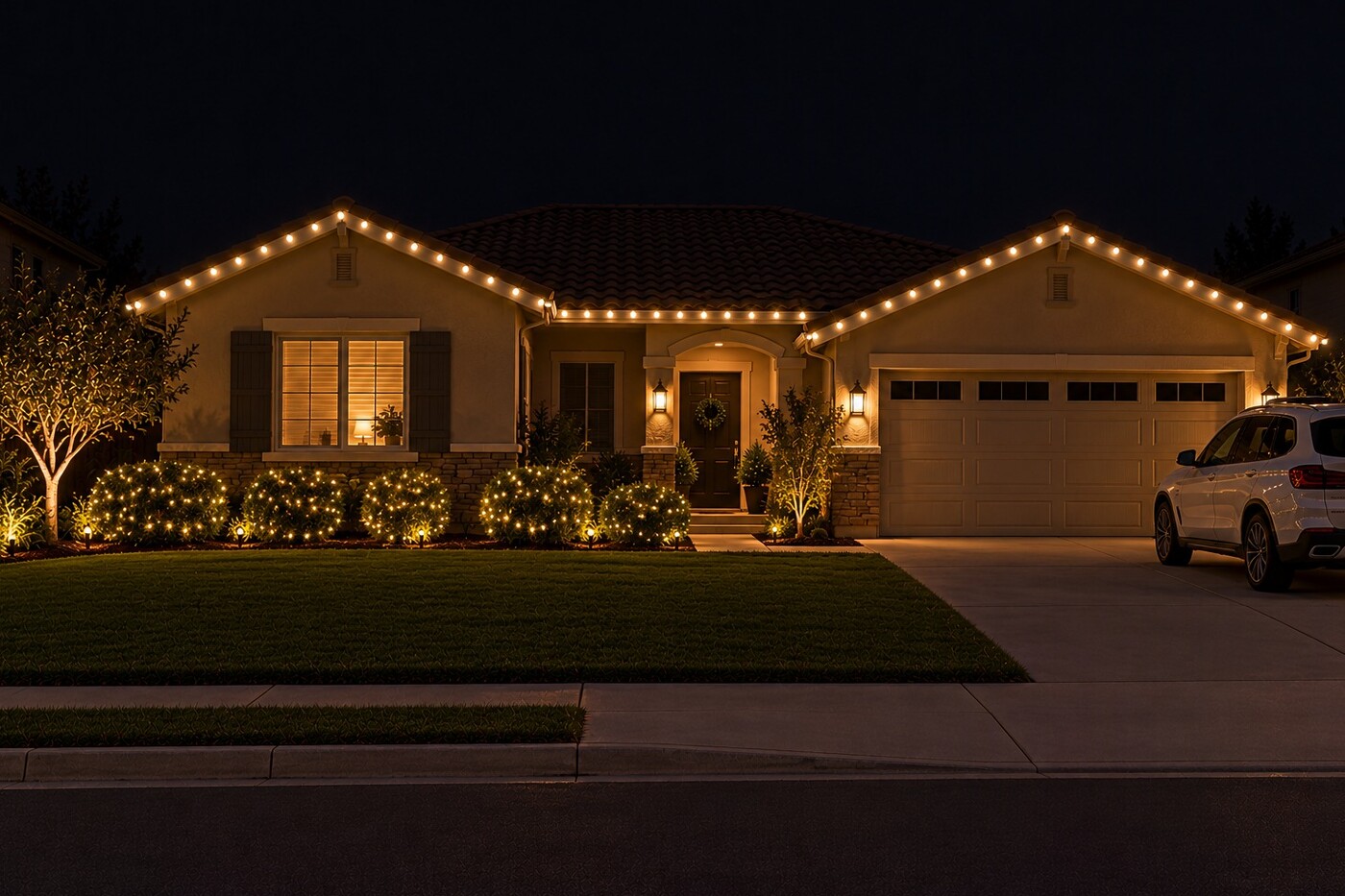 Christmas light company in Elk Grove, CA: tract single warm white bushes