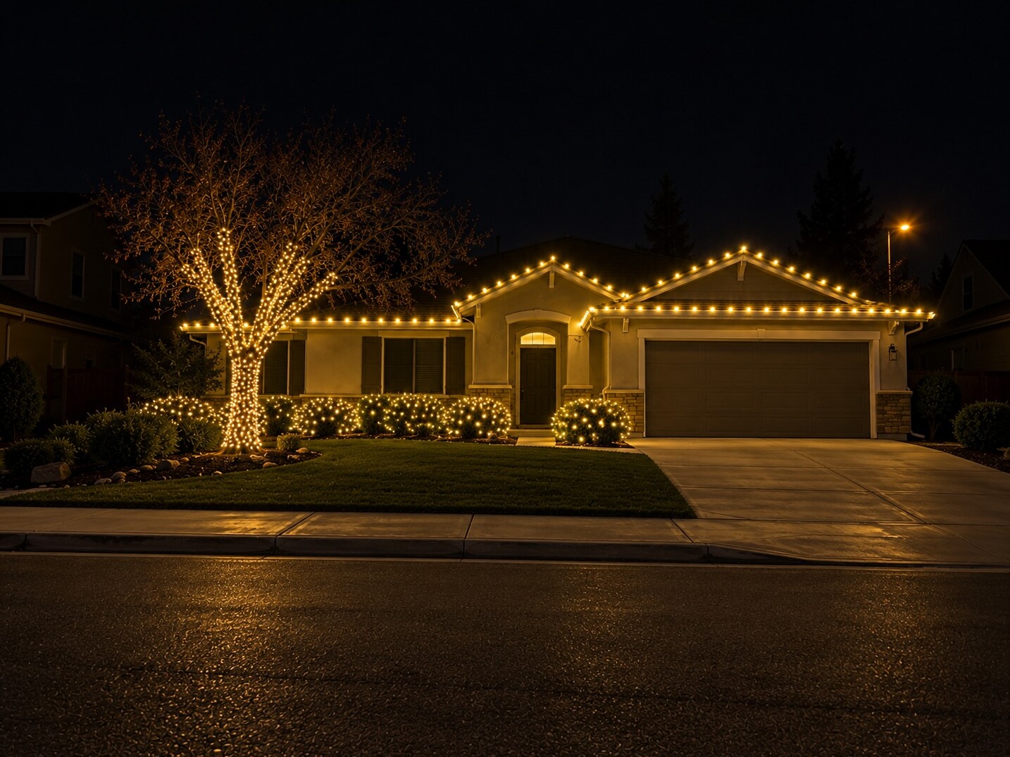 Christmas light company in Roseville, CA: street view lit ranch c9 warm white