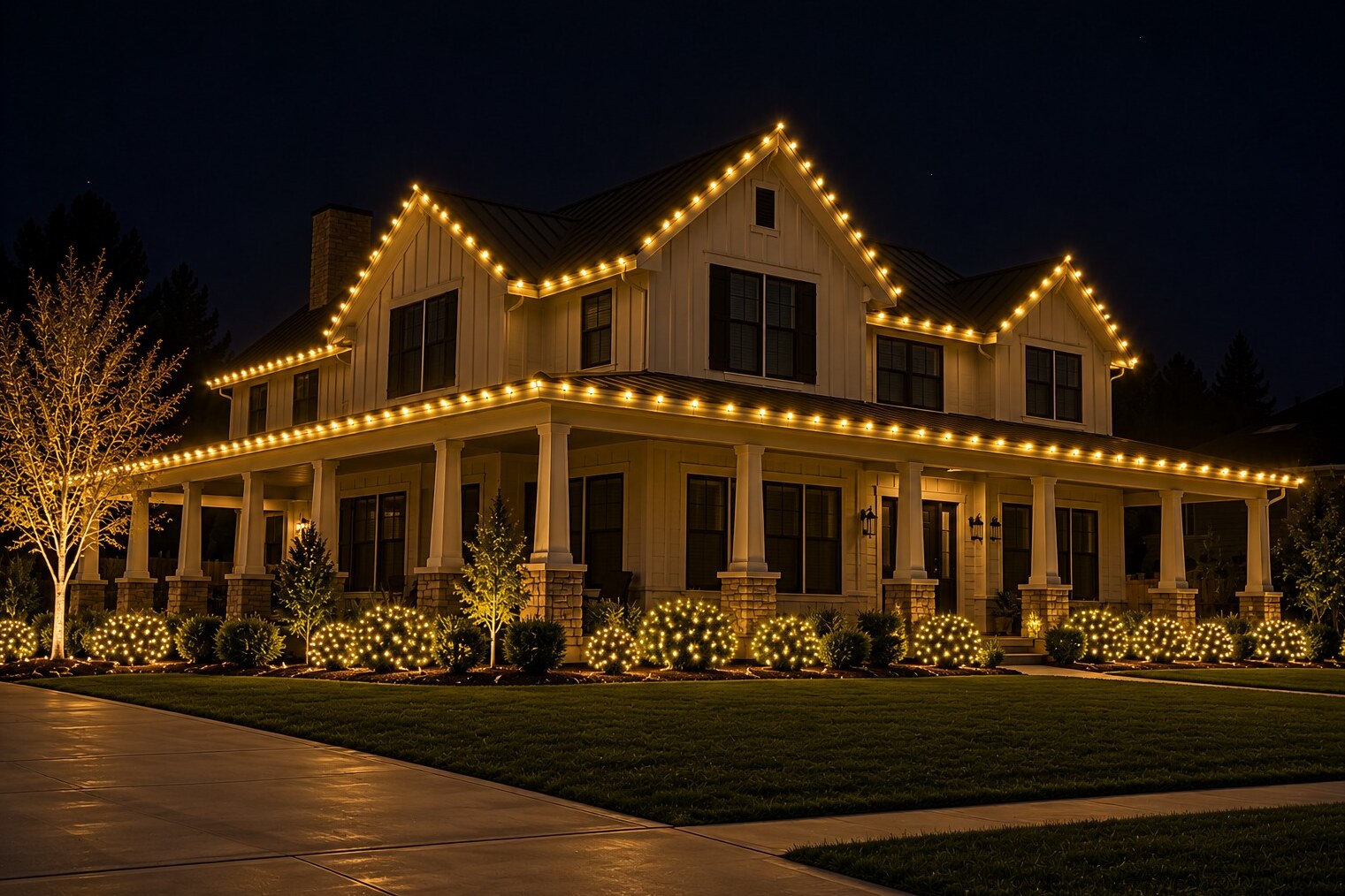 Christmas light hanging in El Dorado Hills, CA: farmhouse wraparound porch c9 warm white