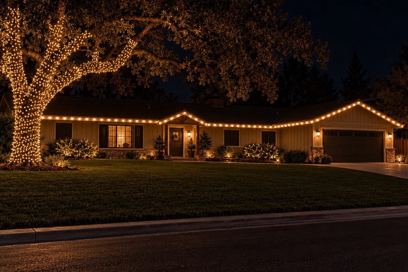 Christmas light hanging in El Dorado Hills, CA: ranch long warm white oak wrap
