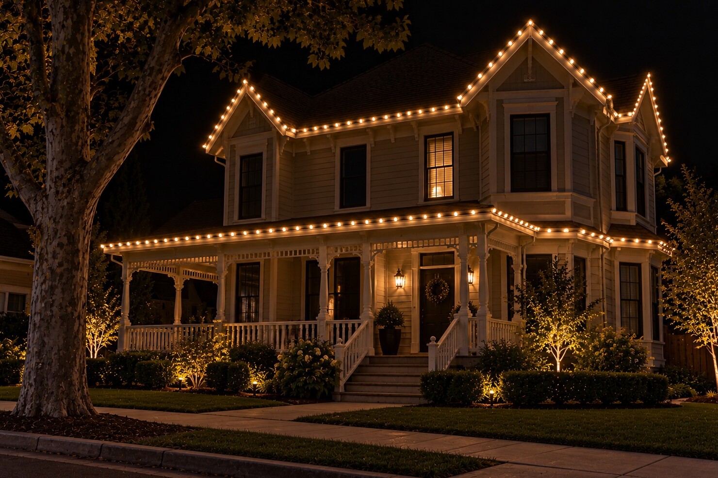 Christmas light installation in Cameron Park, CA: victorian downtown warm white