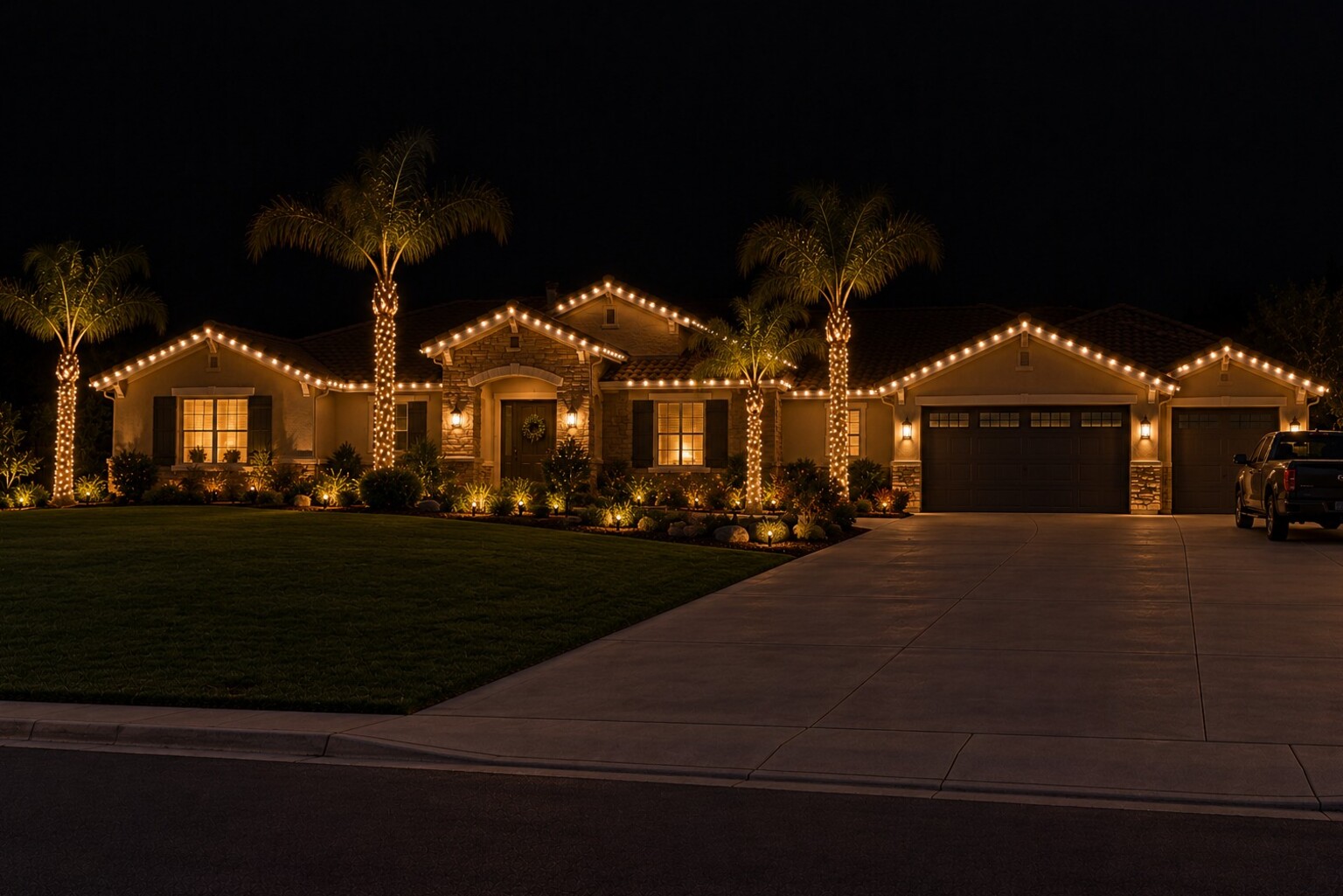 Christmas light installation in El Dorado Hills, CA: foothill estate palms warm white