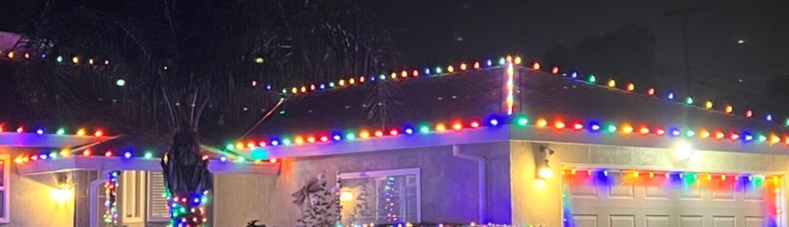 Christmas light installation in Folsom, CA: multicolor c9 garage eave run