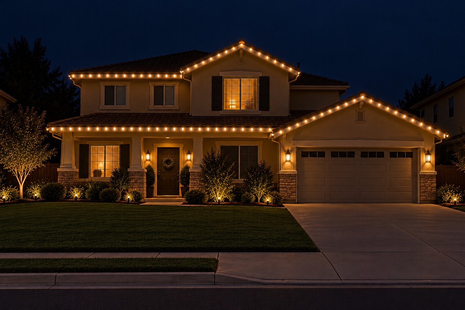 Christmas light installation in Roseville, CA: tract two story warm white front