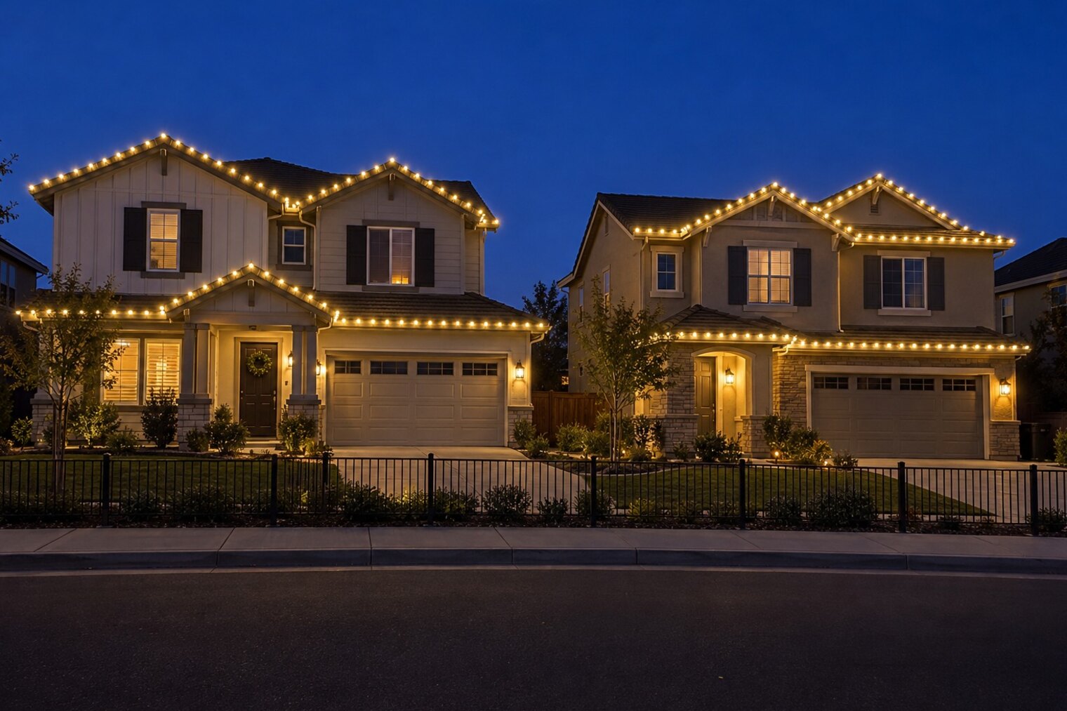 Christmas light installers in Elk Grove, CA: two homes street warm white bluehour