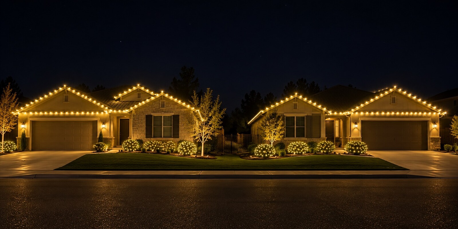 Christmas light installers in Elk Grove, CA: two neighbor homes street c9 warm white