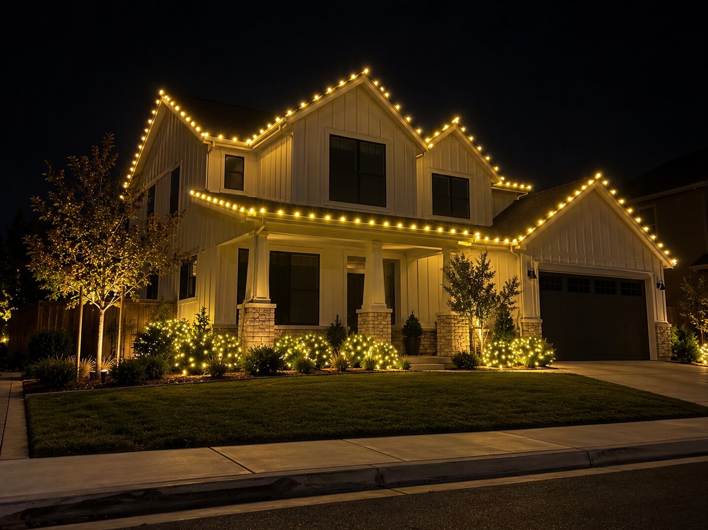 Christmas light service in Cameron Park, CA: modern farmhouse two story c9 warm white
