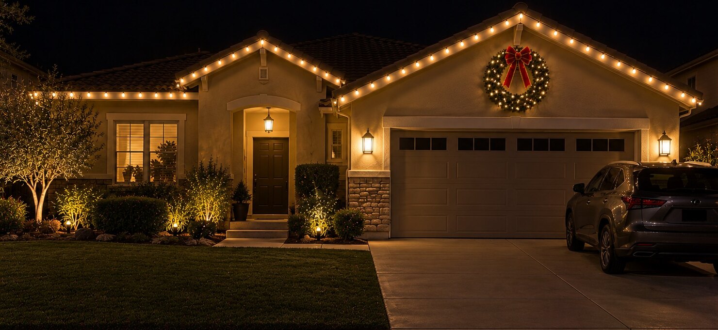 Christmas light service in Cameron Park, CA: single story tract home lit wreath on gable warm white