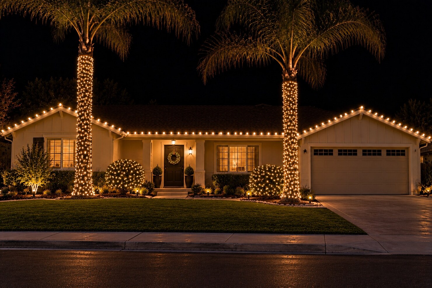 Christmas light service in El Dorado Hills, CA: rancher palms warm white