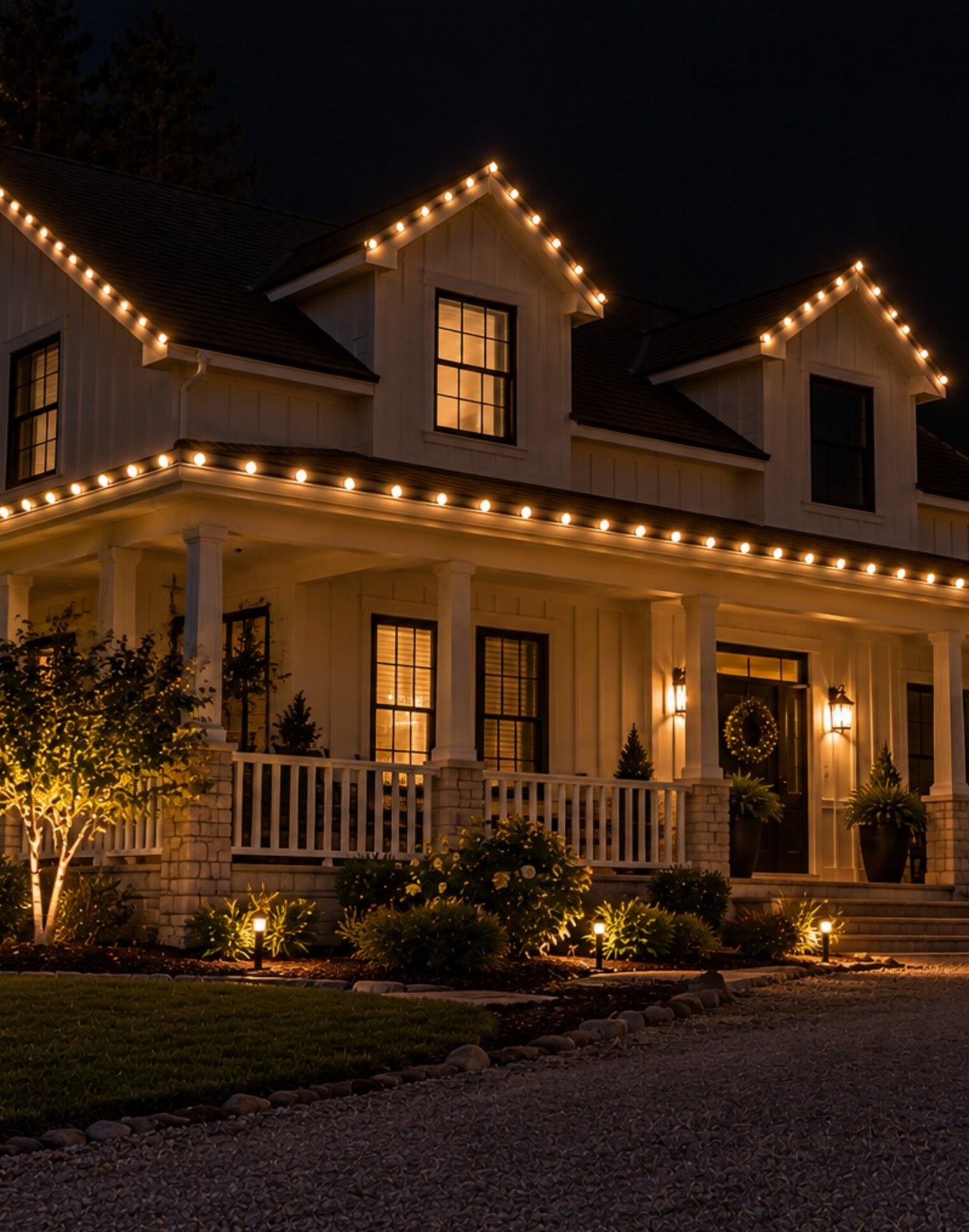 Christmas light service in Folsom, CA: farmhouse wraparound porch warm white