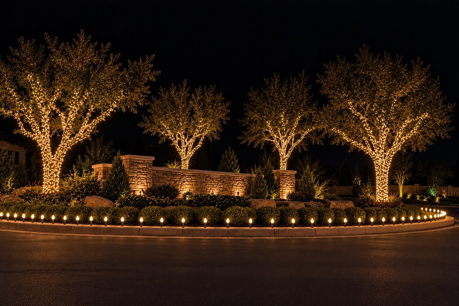 Christmas lights in Cameron Park, CA: hoa entrance warm white trees