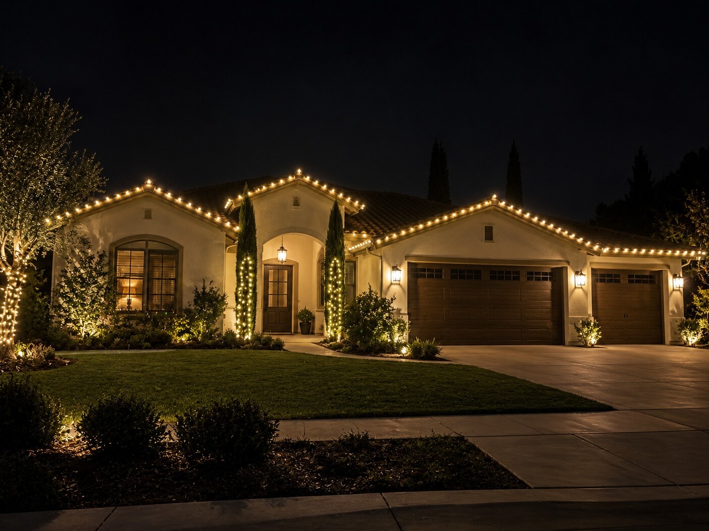 Christmas lights in El Dorado Hills, CA: spanish ranch tile roof arched entry warm white roofline