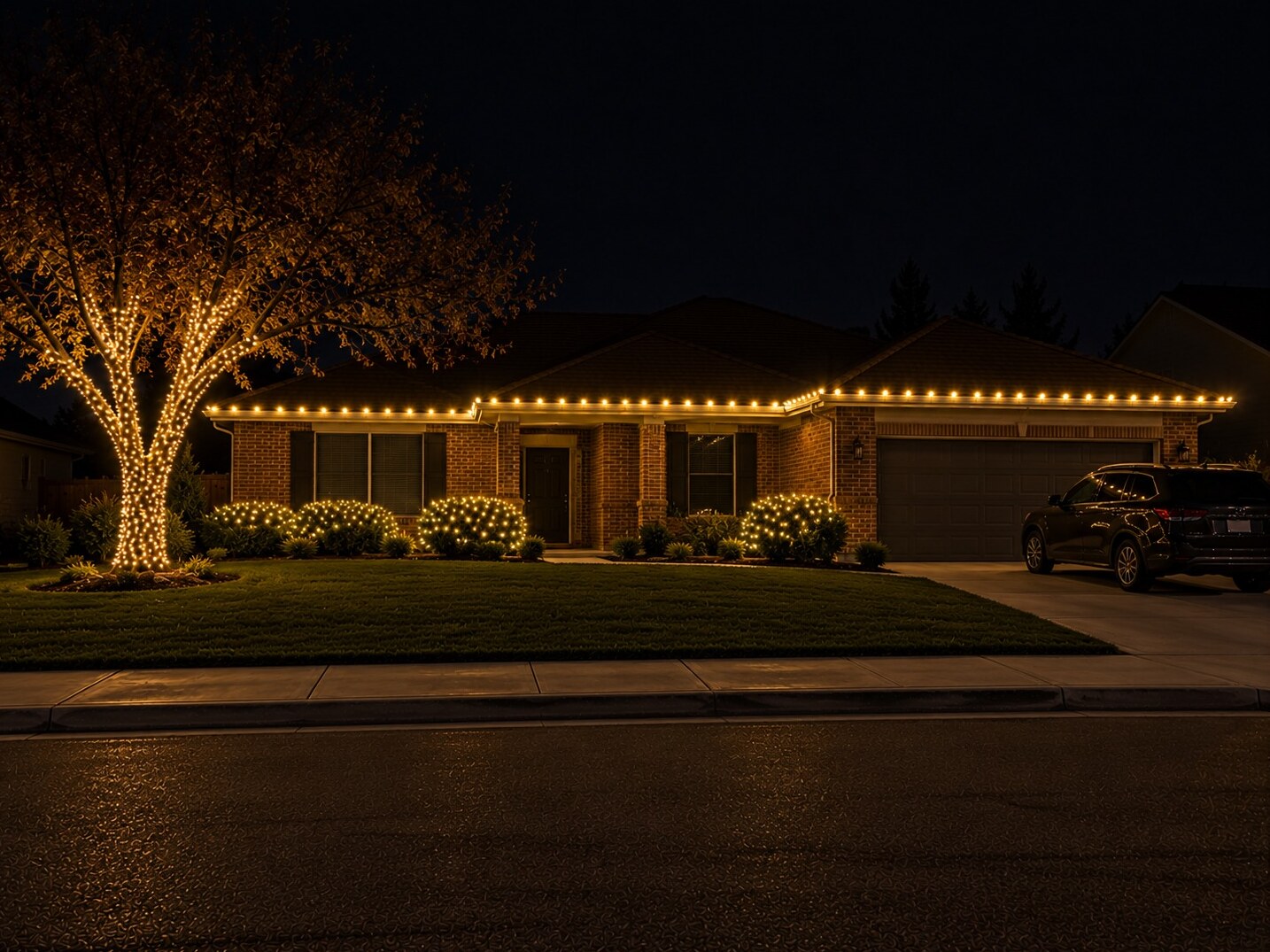 Christmas lights in Folsom, CA: brick ranch tree sleeve wrap c9 warm white