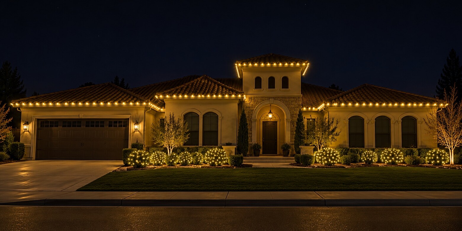 Christmas lights in Folsom, CA: mediterranean tower eave c9 warm white