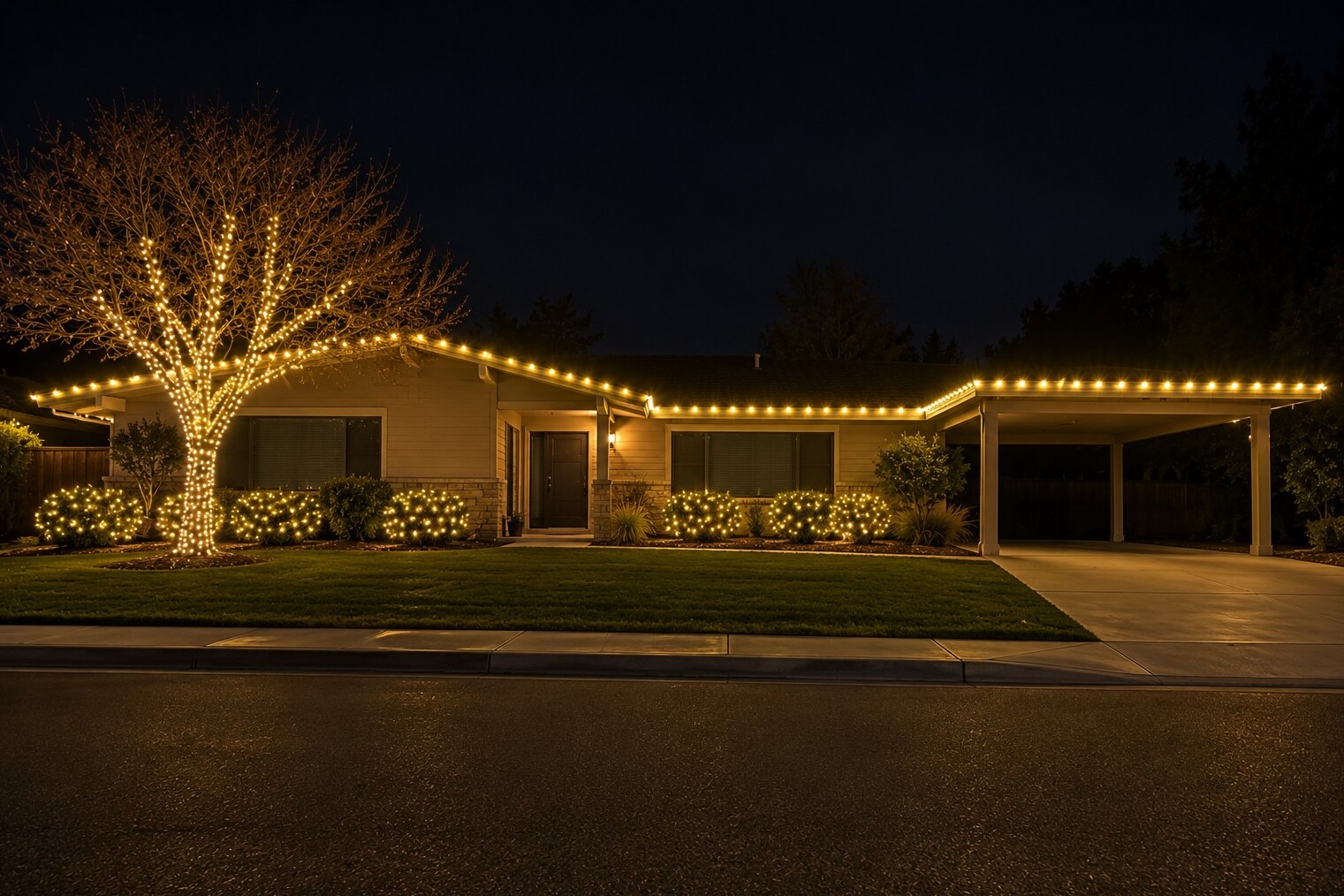 Holiday light installation in Elk Grove, CA: midcentury carport fascia c9 warm white