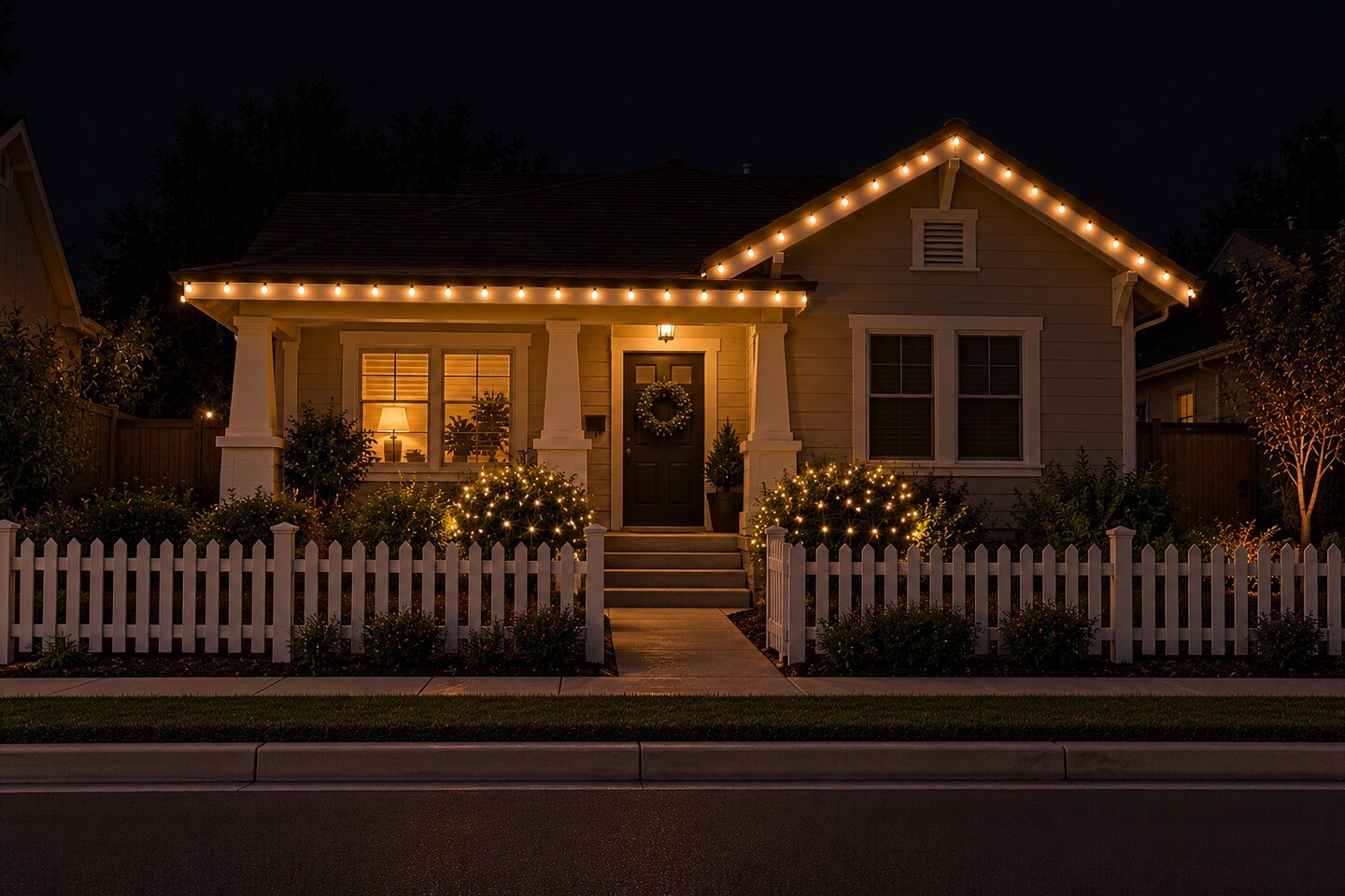 Holiday light installation in Folsom, CA: bungalow picket warm white bushes
