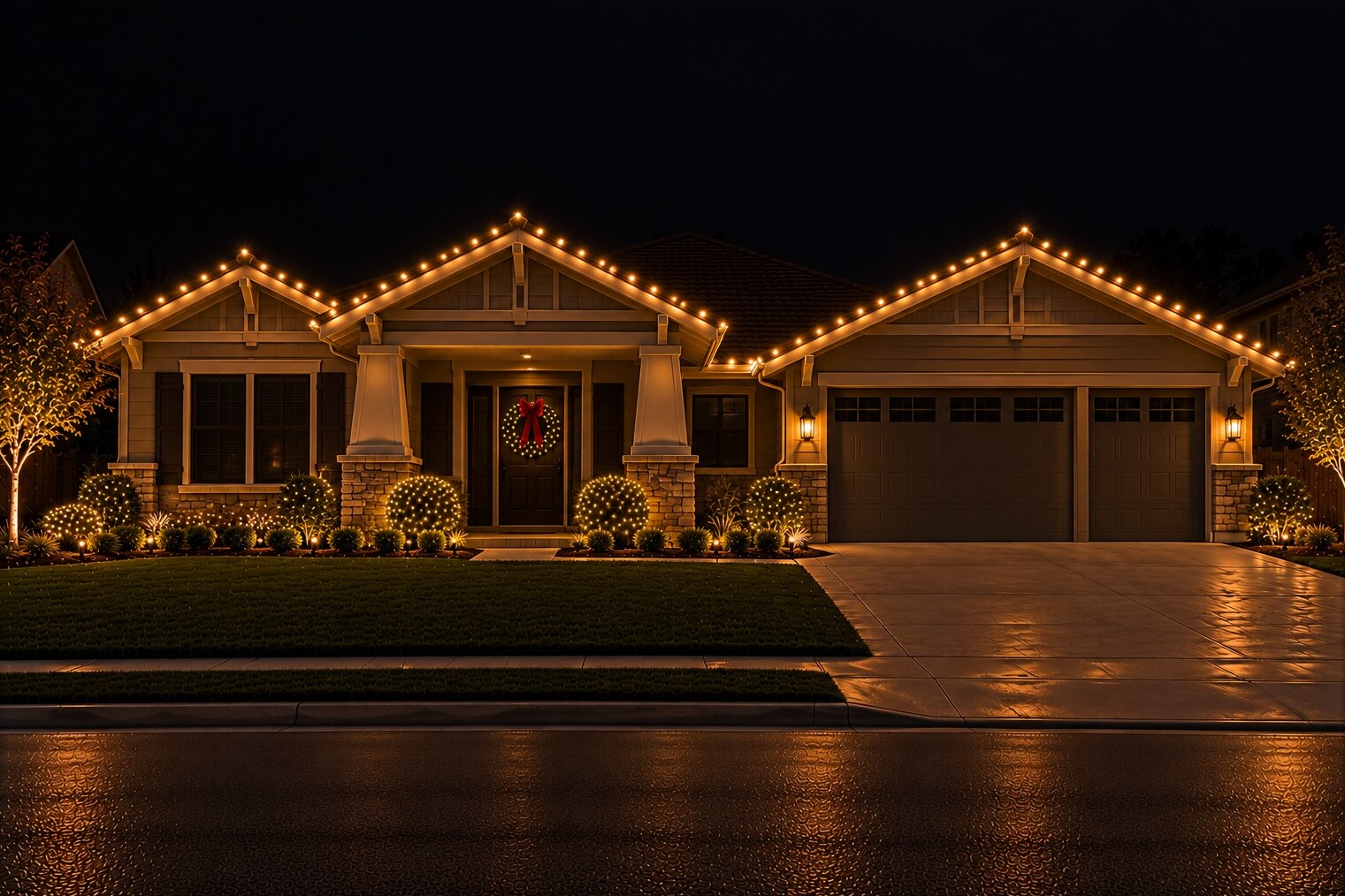 Holiday lighting in Cameron Park, CA: craftsman door wreath c9 warm white