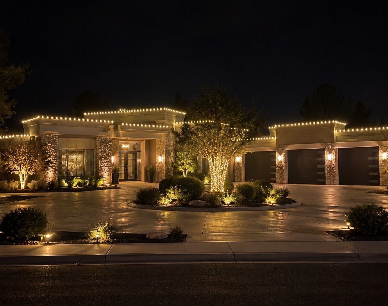 Holiday lighting in Folsom, CA: modern estate stepped parapets warm white roofline