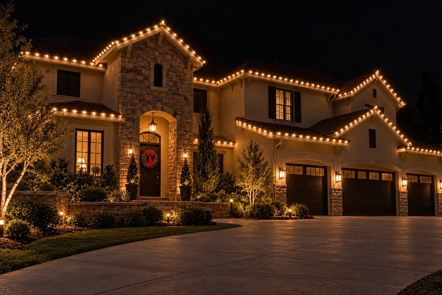 Professional christmas lights in Cameron Park, CA: stone tower entry warm white wreath