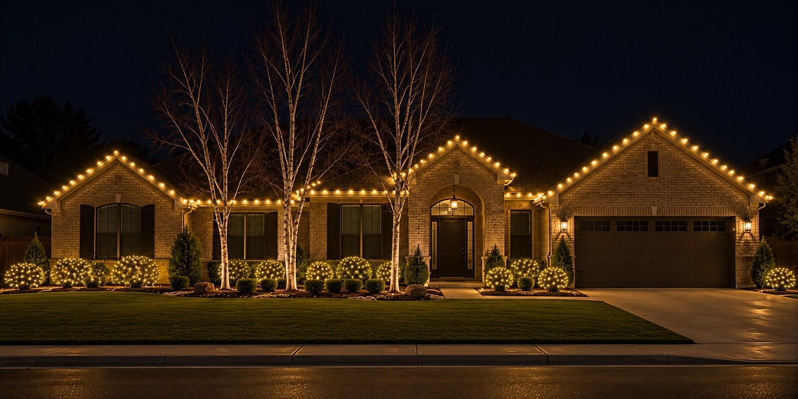 Professional christmas lights in El Dorado Hills, CA: brick ranch birches c9 warm white