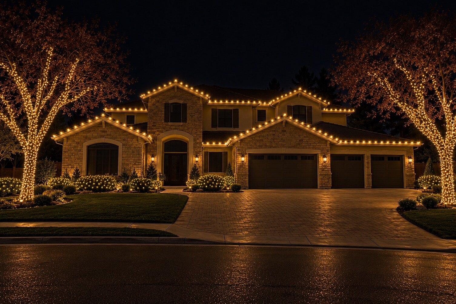 Professional christmas lights in El Dorado Hills, CA: grand stone stucco estate wrapped oaks c9 warm white