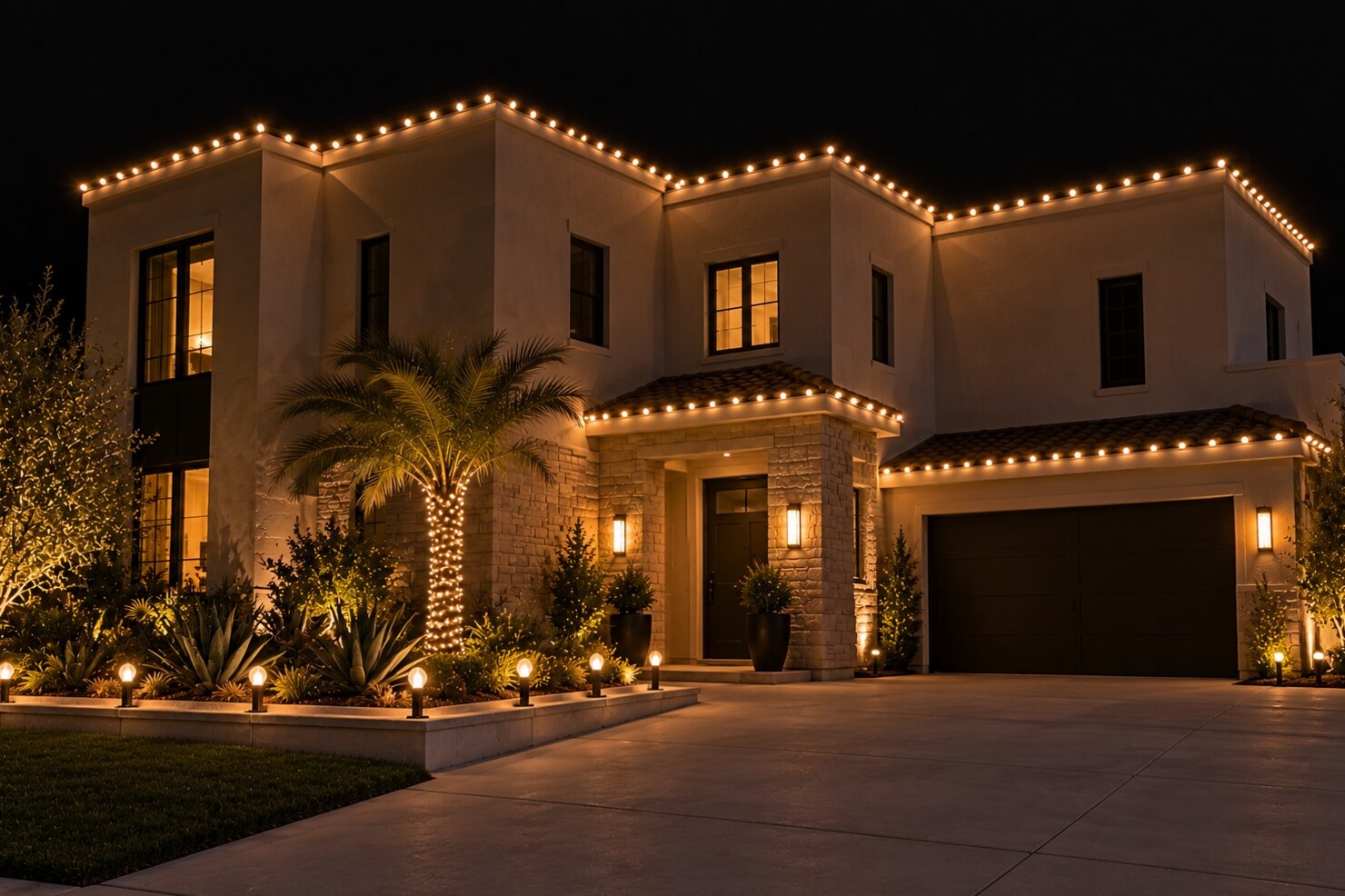 Residential christmas lights in Cameron Park, CA: modern parapet warm white agave