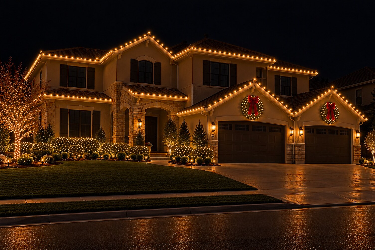 Residential christmas lights in Cameron Park, CA: two story garage door wreaths c9 warm white